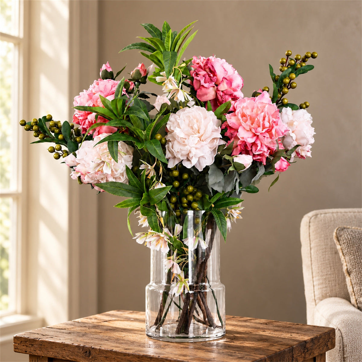 65cm Artificial Mixed Peonies Glass Vase