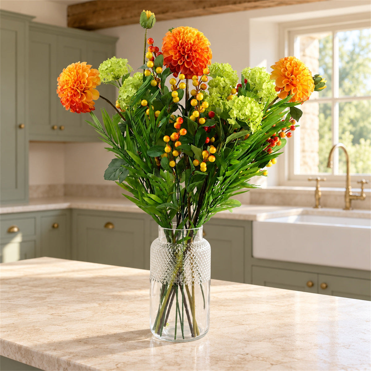 75cm Artificial Orange Dahlia and Fern Display