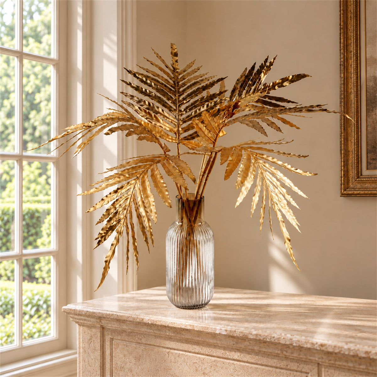80cm Artificial Gold Palm Leaves Ombre Glass Vase