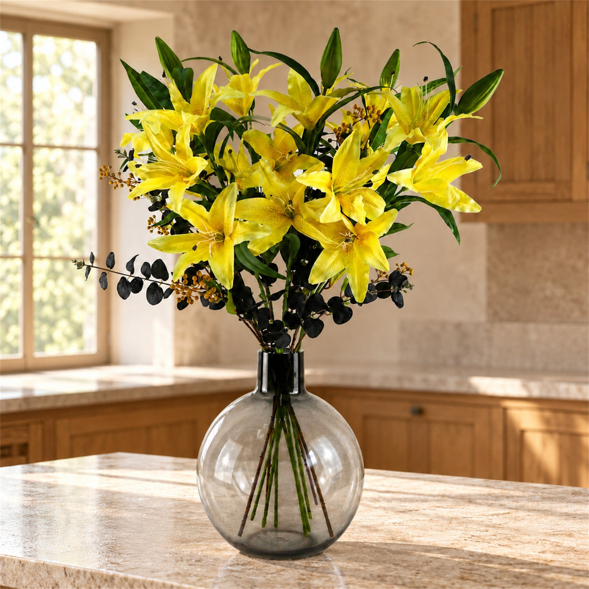 100cm Artificial Yellow Lily Black Eucalptus Glass Ball Vase