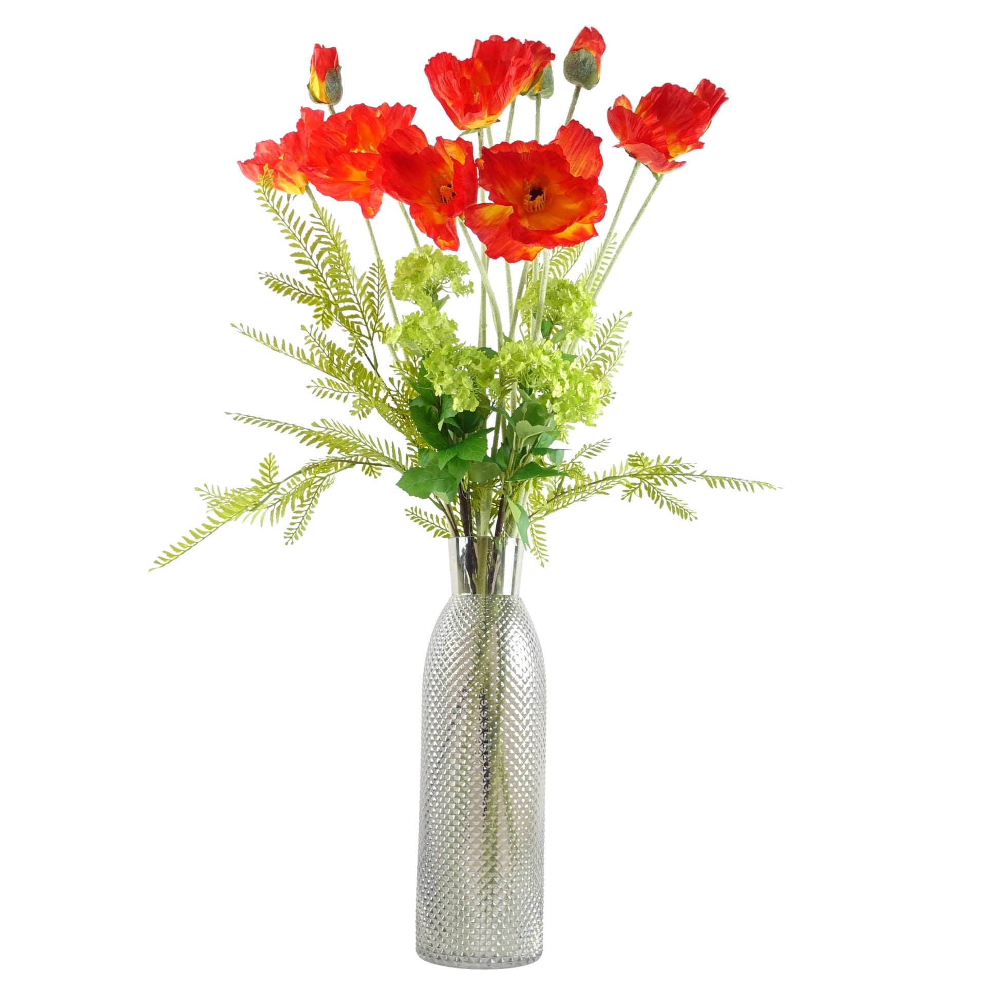 100cm Red Poppy and Fern Glass Vase