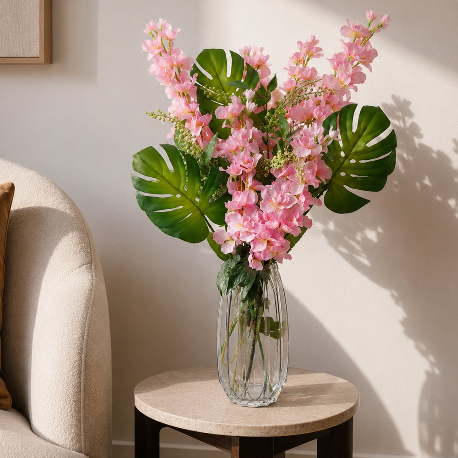 60cm Artificial Pink Delphinium Tropical with Glass Vase