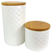 Set of Two Ceramic Jars Embossed Cream Canisters with Lids