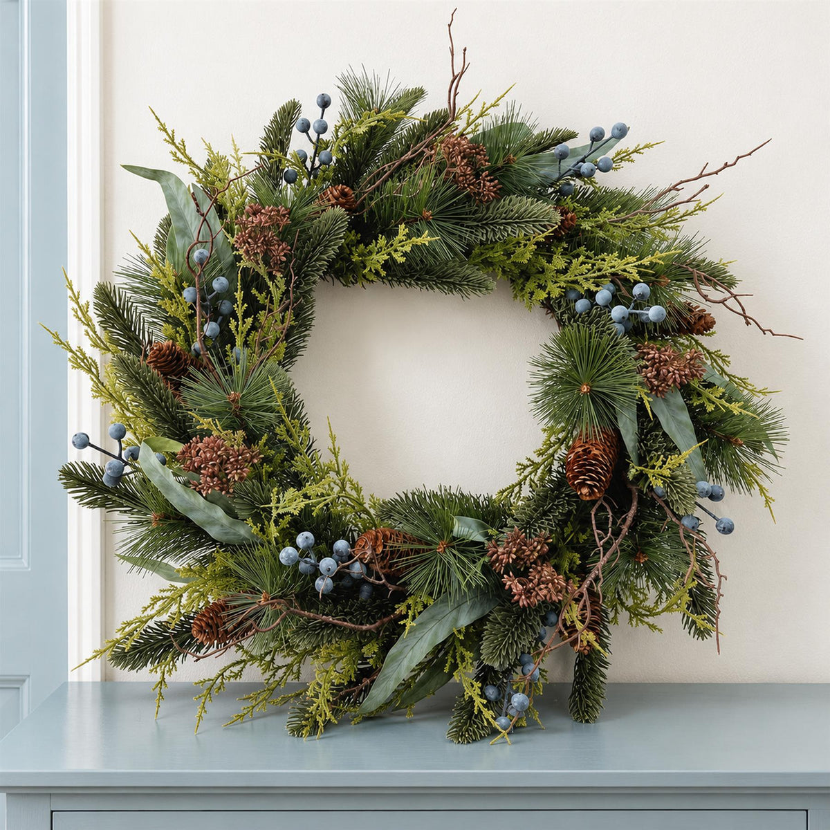 60cm Artificial Christmas Blue Berry and Pine Cone Wreath