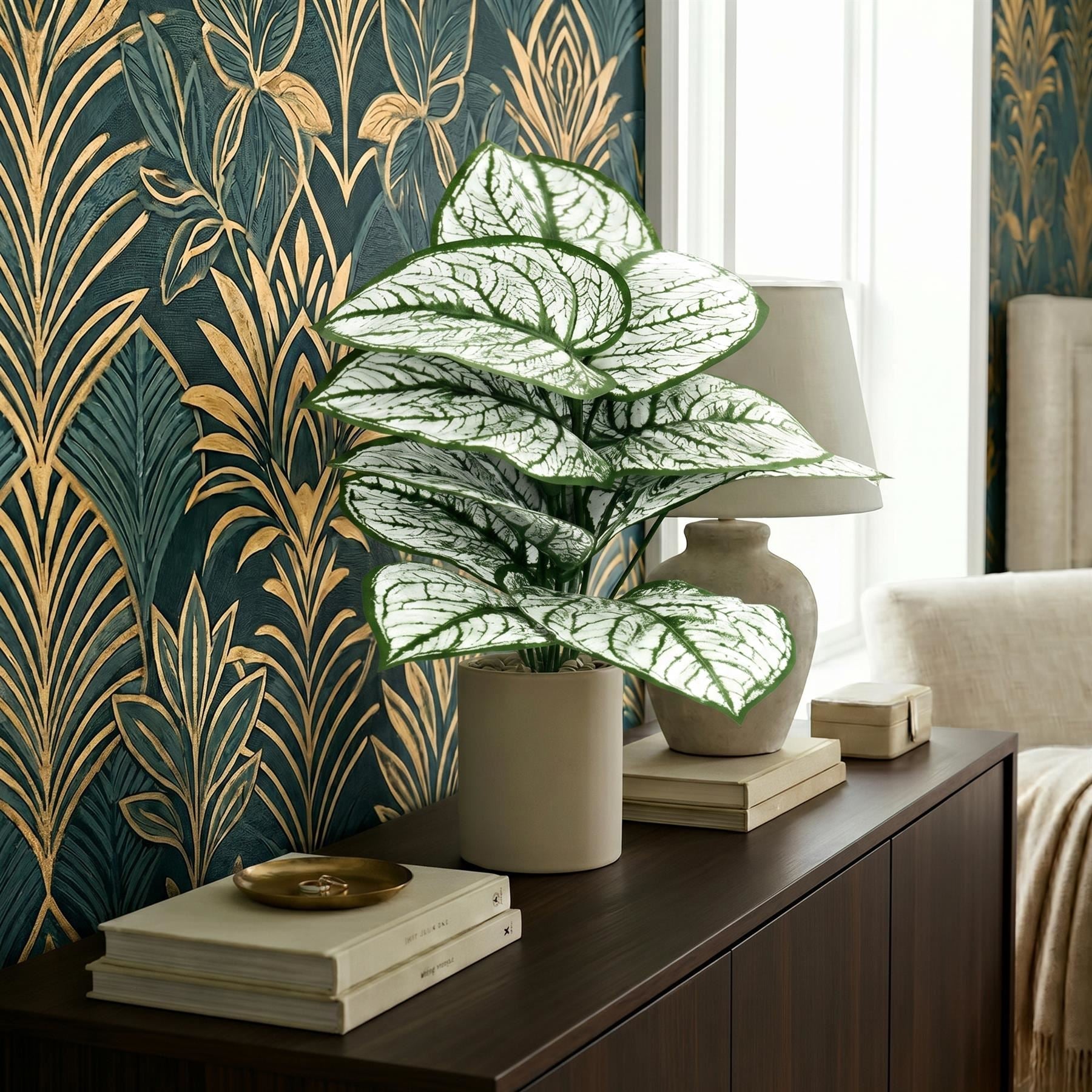 60 cm Künstliche Caladium-Stielpflanze, weiß-grün panaschiert, Kunstlaubarrangement