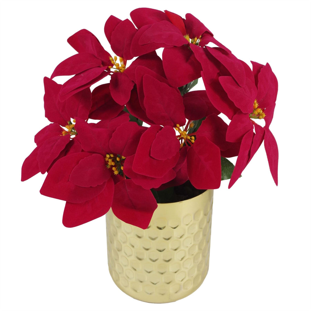 Artificial Christmas Xmas Red Poinsettia Table Display – Honeycomb Metal Planter / Gold