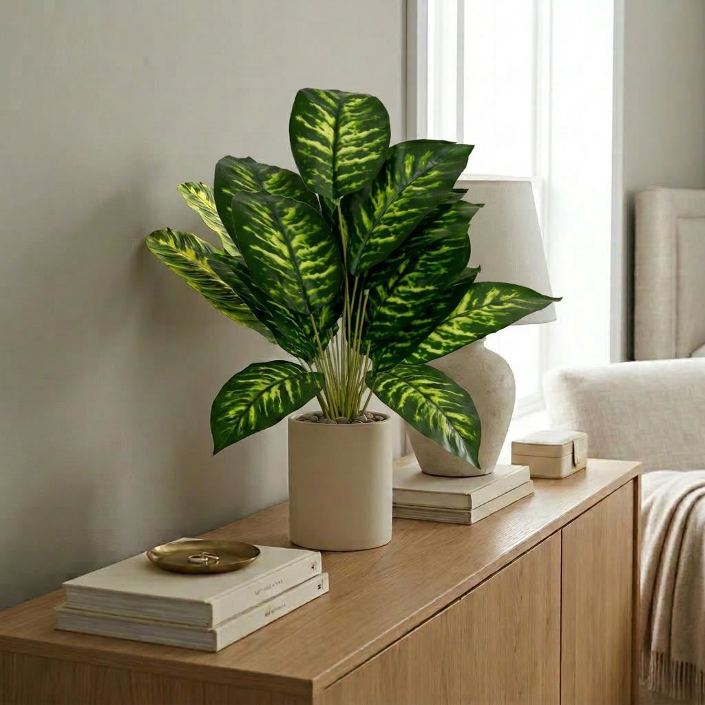 60cm Artificial Dieffenbachia Style Stem Plant Green Variegated Faux Foliage
