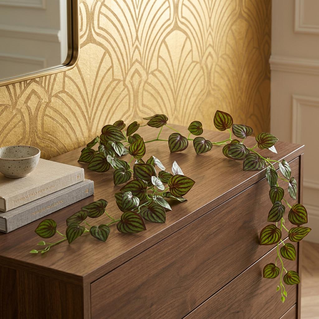 Guirlande décorative artificielle de feuilles de Peperomia pastèque de 160 cm