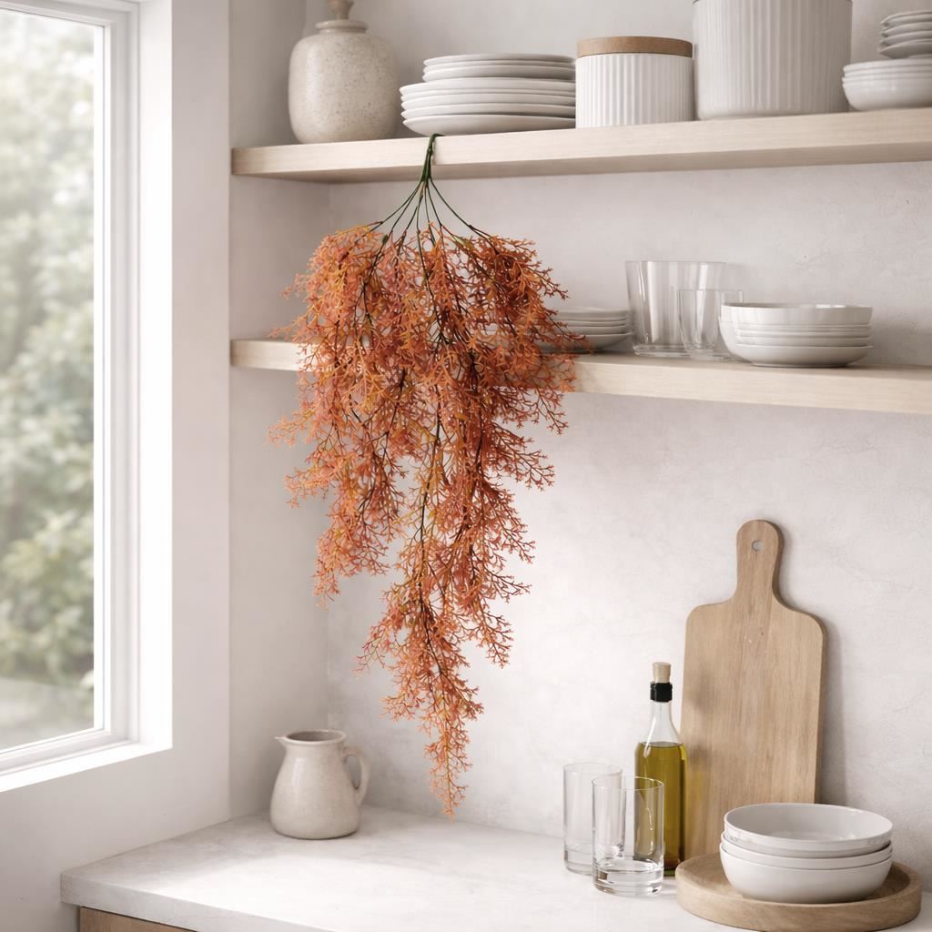 80cm Artificial Coral Fern Trailing Plant Autumn Orange Hanging Foliage