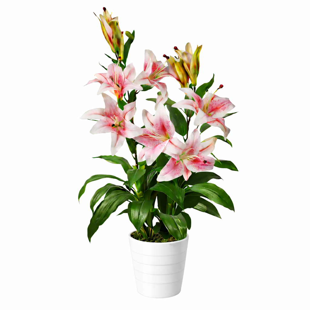 90cm (3ft) Artificial Lily Stargazer Style Lillies Plant Large Flowers White Pot
