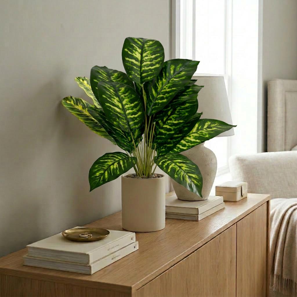 60cm Artificial Dieffenbachia Style Stem Plant Green Variegated Faux Foliage