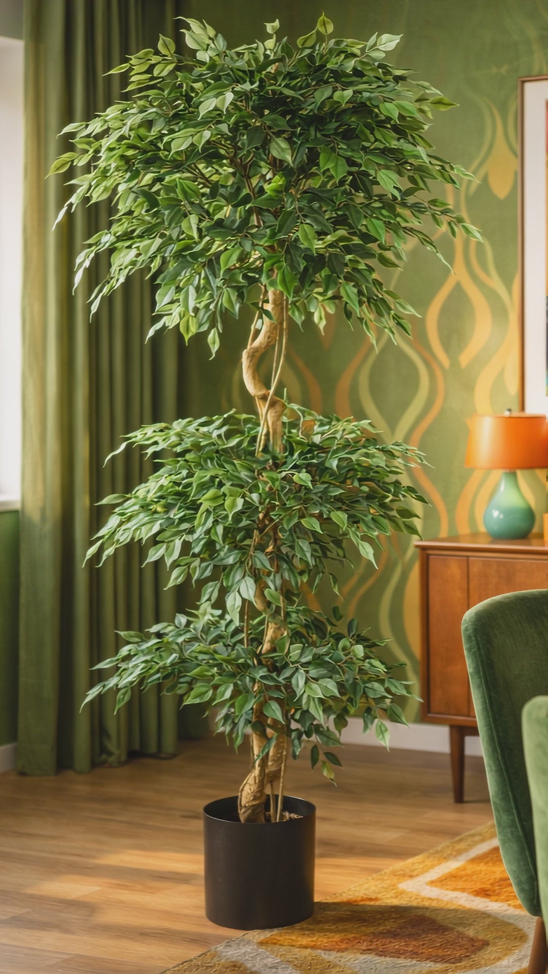 Charger la vidéo : Ficus Fruticosa artificiel sur tronc torsadé, triple boule, 180 cm, 1984 feuilles