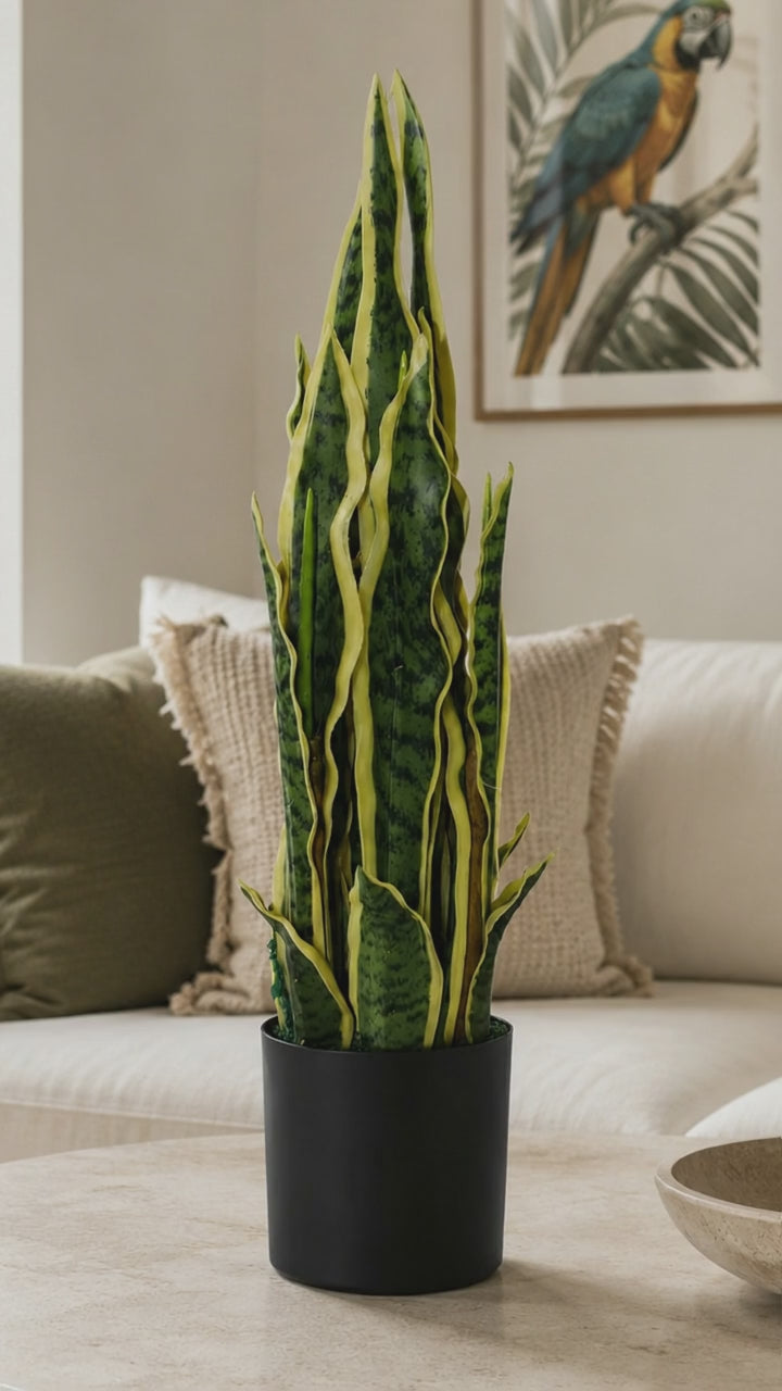 Charger la vidéo : Plante d'intérieur artificielle Sansevieria jaune-vert 55 cm