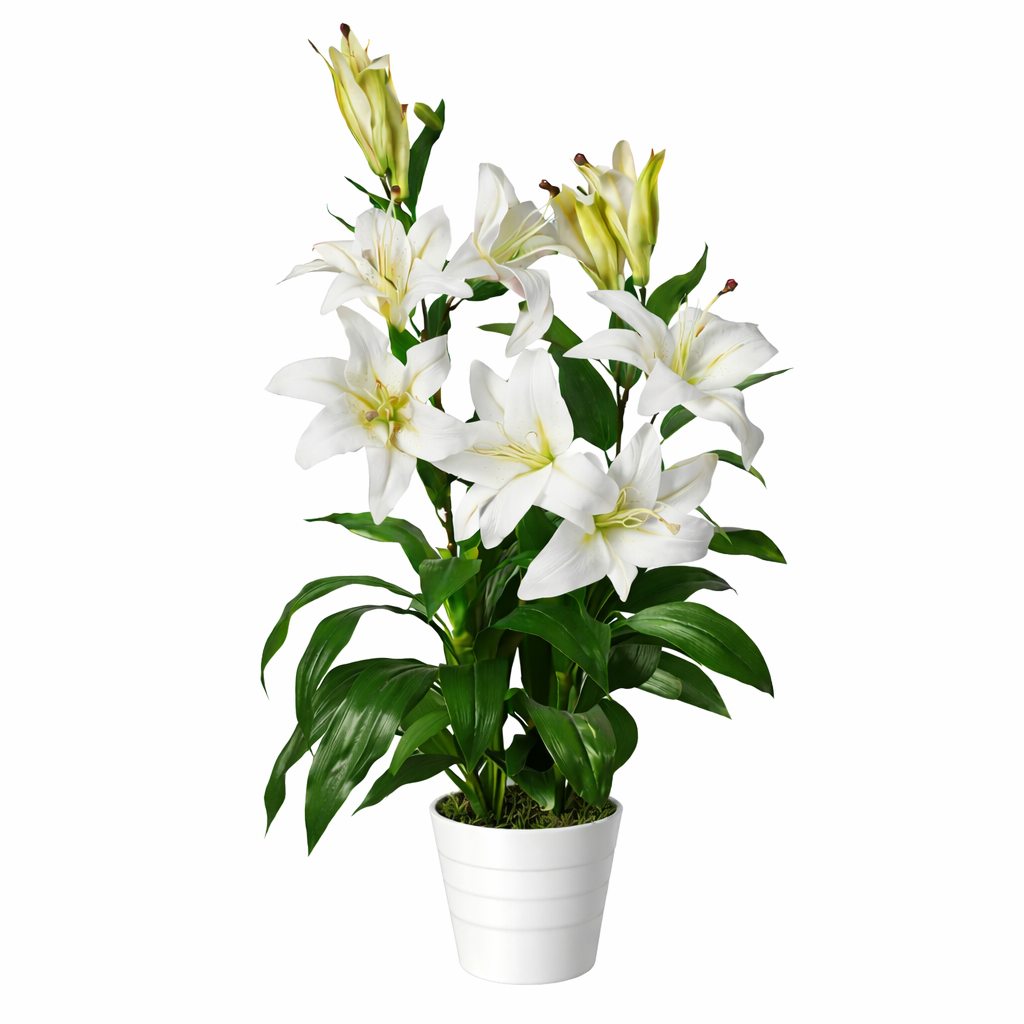 90cm (3ft) Artificial Lily Stargazer Style Lillies Plant Large Flowers White Pot
