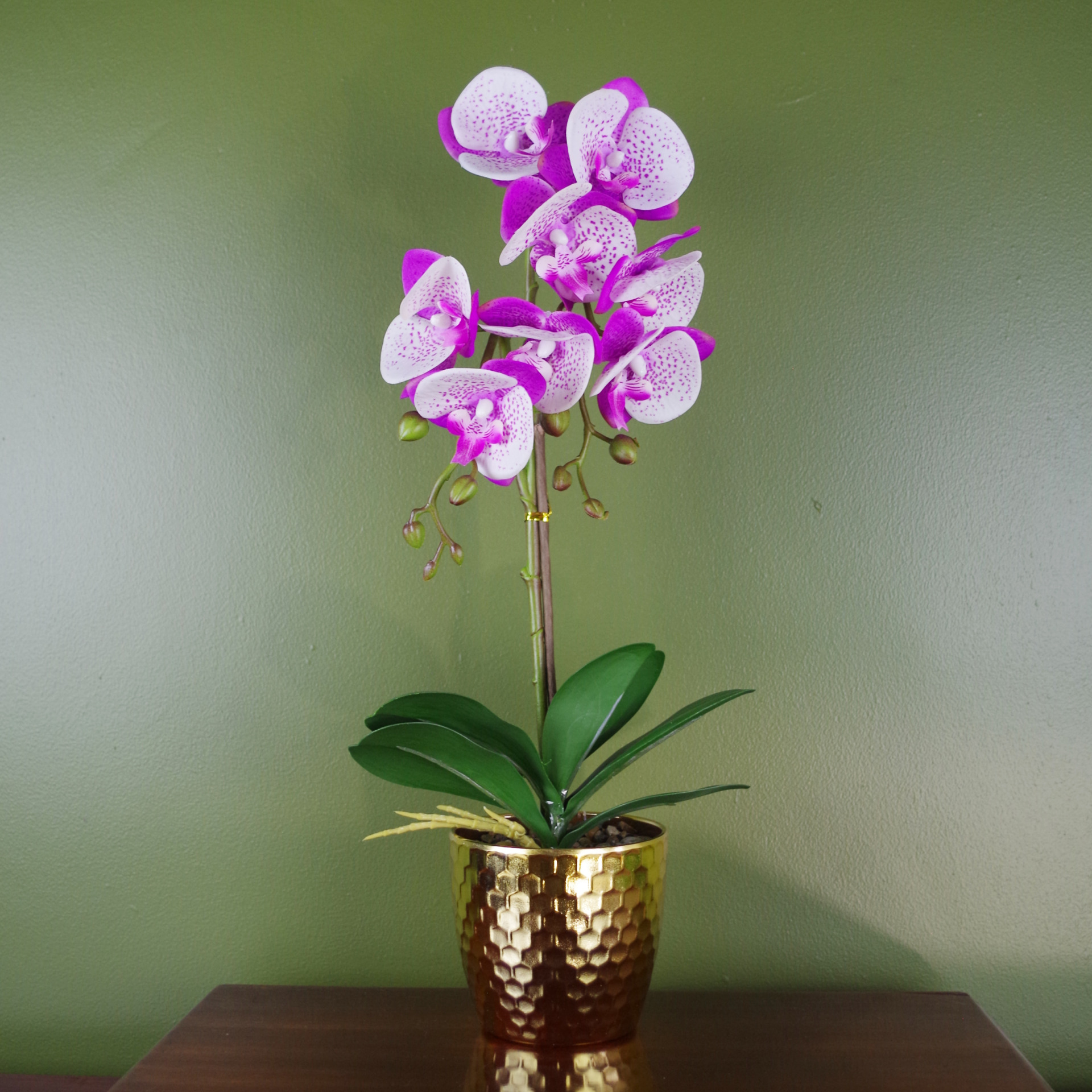 50cm Phalaenopsis Orchid Artificial Purple / White Gold Pot Leaf