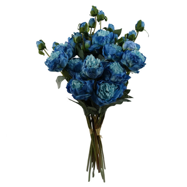 6 x 55cm Blue Peony Artificial Flower Stems 24 flowers 18 buds Leaf