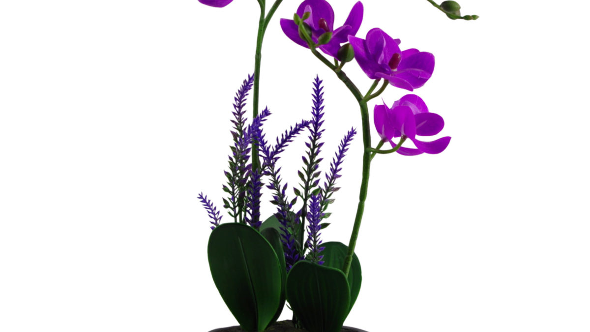 38cm Artificial Orchid in Black Ceramic Bowl Planter LEAF-7411