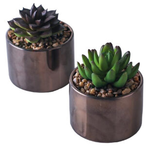 13cm Set of Two Mini Bronze Ceramic Planters with Artificial Succulent Plants