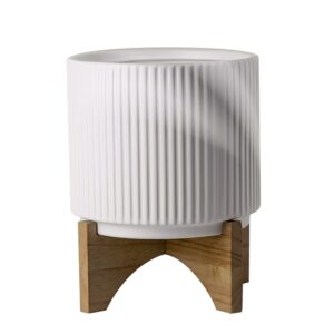 White Ribbed Ceramic Plant Pot with Bamboo Stand 14.5 x 14.5 x 19cm